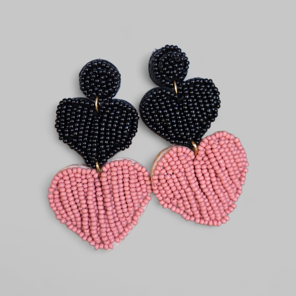 Double Heart Boho Beaded Drop Earrings Layered Boheme Jewelry